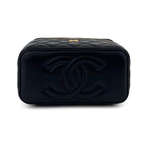 Chanel Borsa Vanity trapuntata Chanel con tracolla a catena in pelle di agnello nera