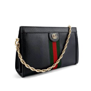 Gucci GG Supreme Ophidia Small Chain-Strap Shoulder Bag in pelle nera con striscia Web verde e rossa.